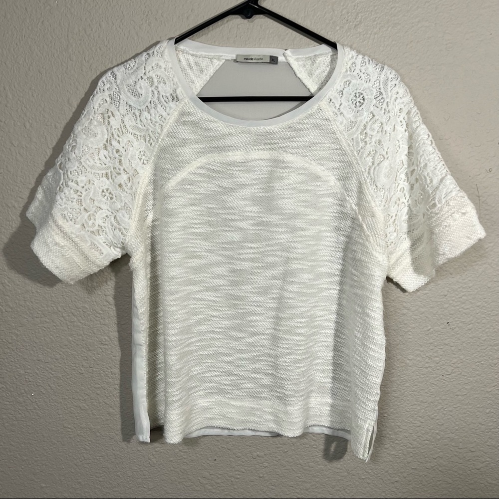 Maude Vivante Short Sleeve Slub Knit Top With Crochet Lace Overlay Sleeves Sz XL
